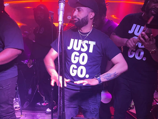 JUST GOGO. BLACK T-Shirt with White Graphic